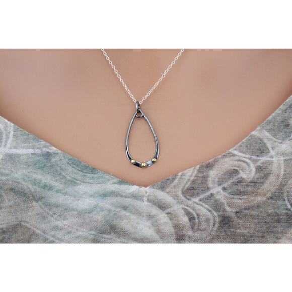 Sterling Silver Black Finish Teardrop Charm Bronze Granulation Charm Necklace - Picture 3 of 4